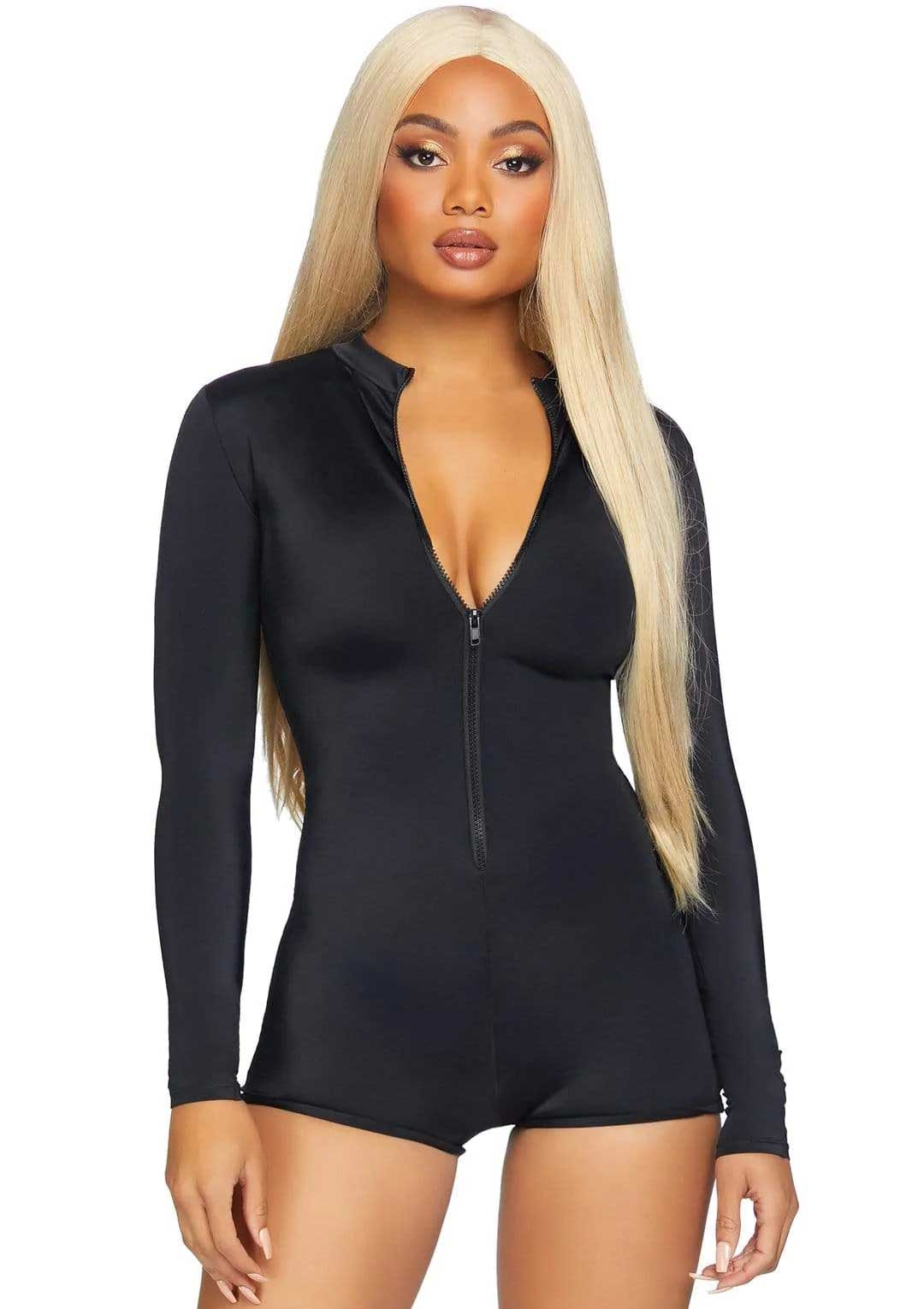 Zipper Front Long Sleeved Matte Romper - Small -  Black LA-86869BLKS